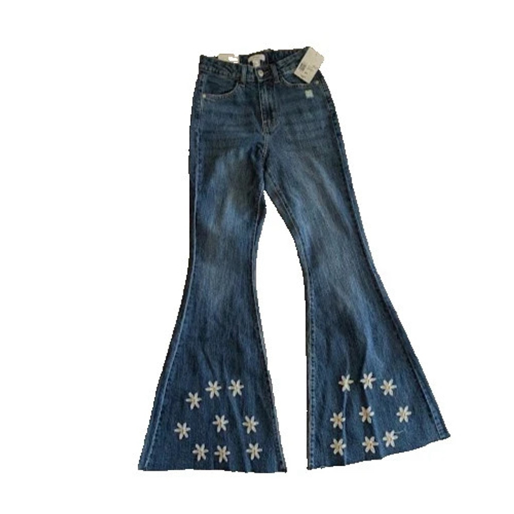 Forever 21 Flare Slim Jeans Daisy Embroidered 70s Bell Bottom Retro Denim